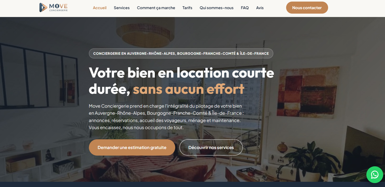 Page d'accueil du site Move Conciergerie conçu par Kairo Digital